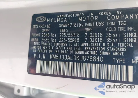 2019 Hyundai Tucson Sel z USA, uszkodzony, nr VIN KM8J33AL9KU876840